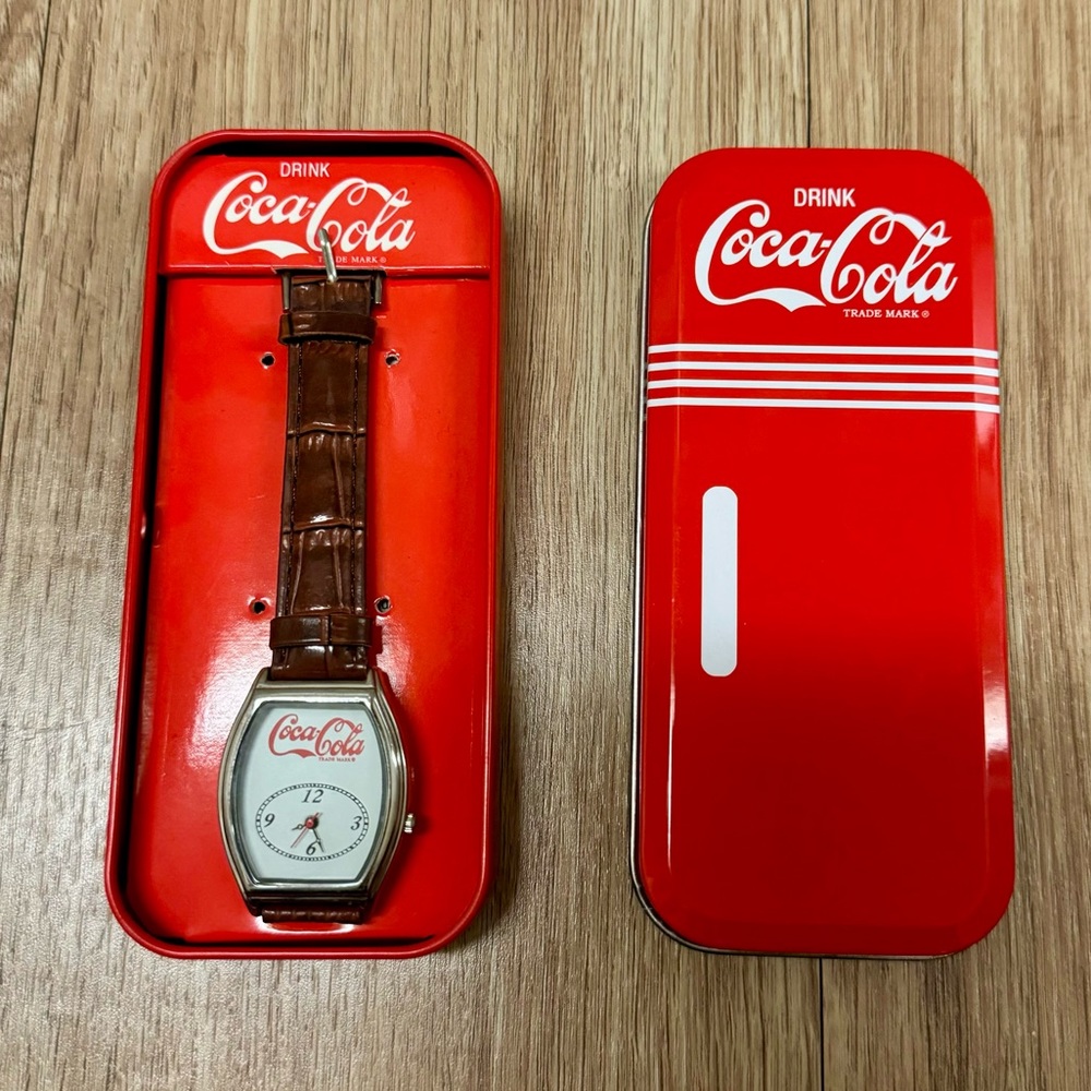 Vintage Rare Coca Cola Quartz Brown Leather Watch in Original Container